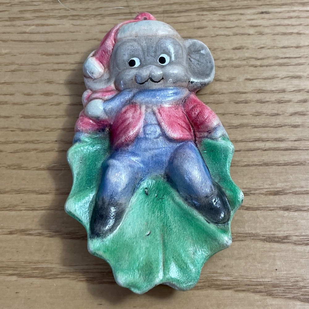 Vintage Ceramic Mouse Christmas Ornament Handmade Mouse on a Leaf 1990 4" Cute!